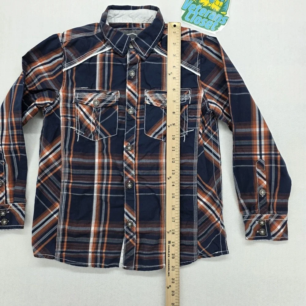 BKE Boys Blue Orange Plaid Flannel Shirt Youth Small Athletic Fit Western Y11309